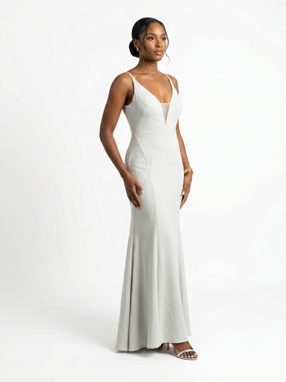 Marchesa Notte Bridesmaids Crema V-Neck Trumpet Gown Solid Silver Size 8